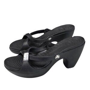CROCS Cyprus Heeled Open Toe Sandals, Black, Rubber, Comfort, Slip On, Size 8